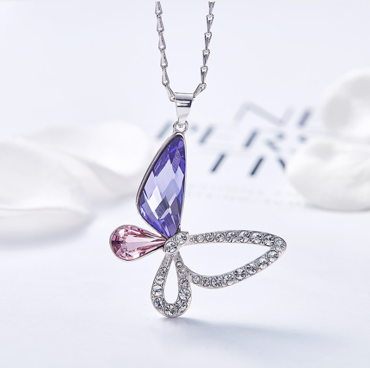 Womens CDE Crystals Butterfly Pendant Necklace with White Cubic Zirconia Set in S925 Sterling Silver - BELLADONNA