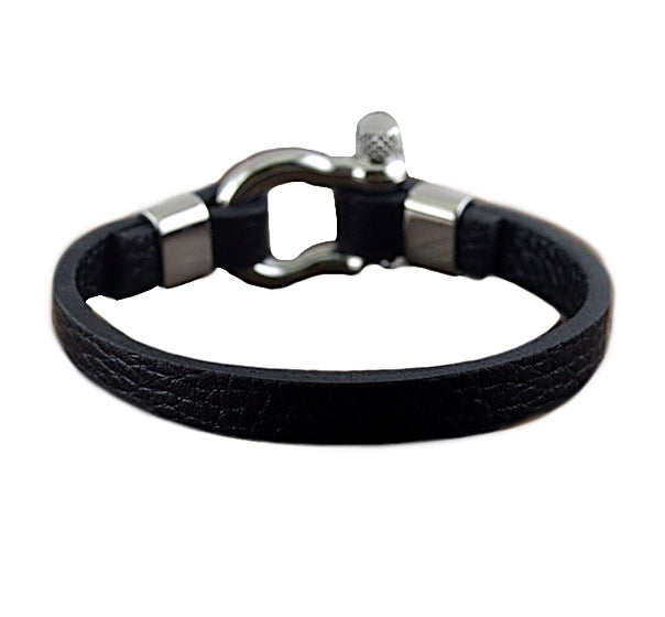Titanium Steel and Black Leather Bracelet For Men - BELLADONNA