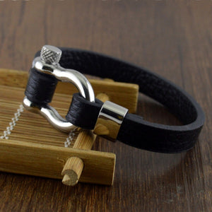 Titanium Steel and Black Leather Bracelet For Men - BELLADONNA