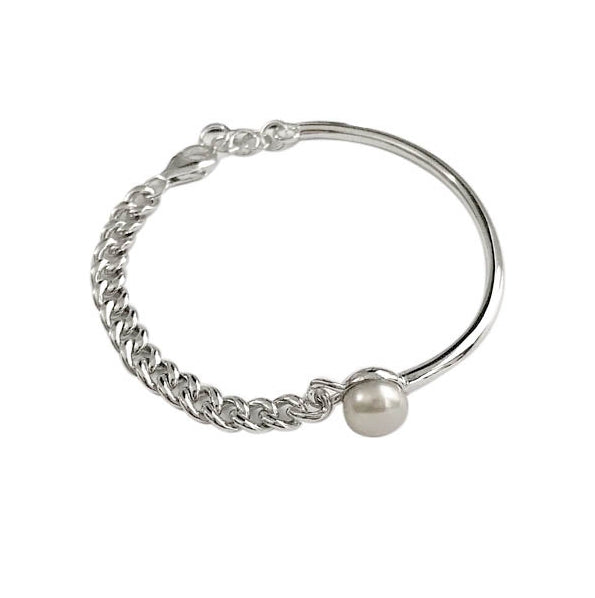 Asymmetrical White Pearl in .Solid 925 Sterling Silver, White Gold Bracelet - BELLADONNA