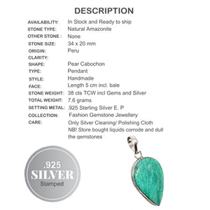 Natural Peruvian Amazonite Pear Gemstone .925 Sterling Silver Pendant - BELLADONNA