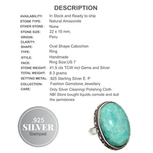 Natural Amazonite Oval Gemstone .925 Sterling Silver RIng Size US 7 - BELLADONNA