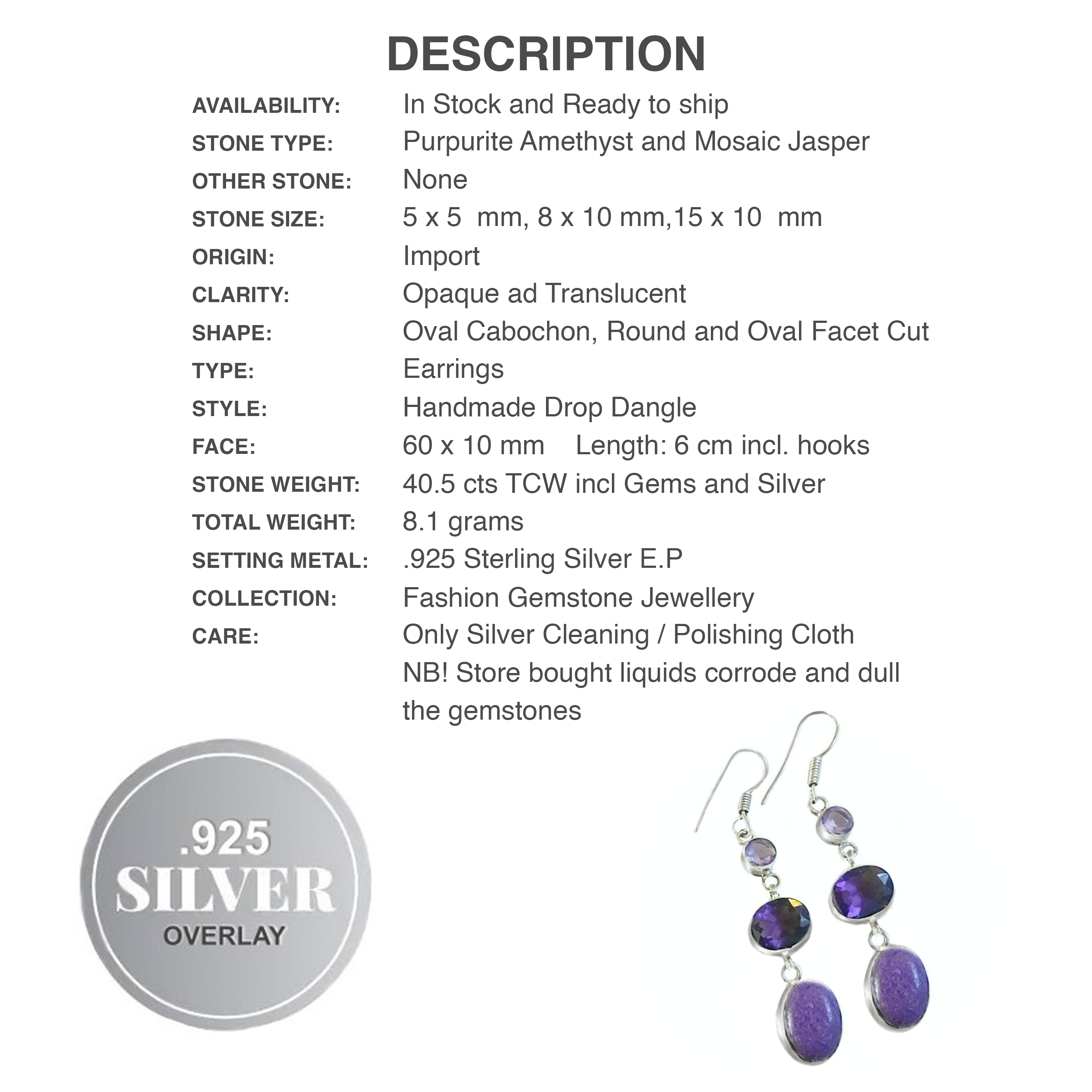 Purple Amethyst and Mosaic Jasper .925 Sterling Silver Earrings - BELLADONNA