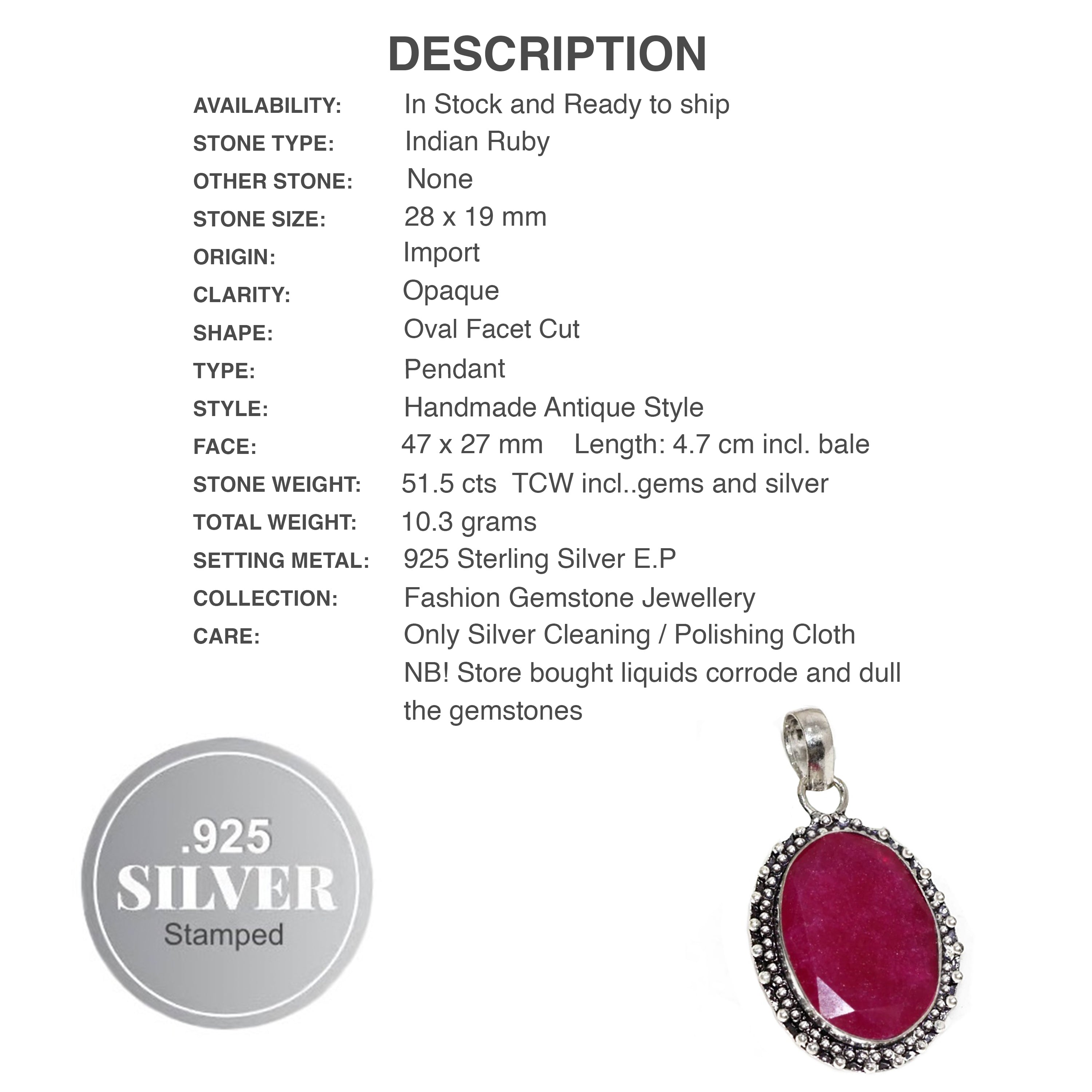 Handmade Antique Style Indian Ruby Gemstone .925 Sterling Silver Pendant - BELLADONNA