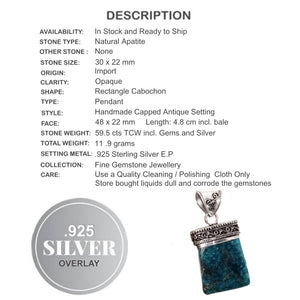 Natural Antique Style Capped Blue Apatite Gemstone .925 Sterling Silver Pendant - BELLADONNA