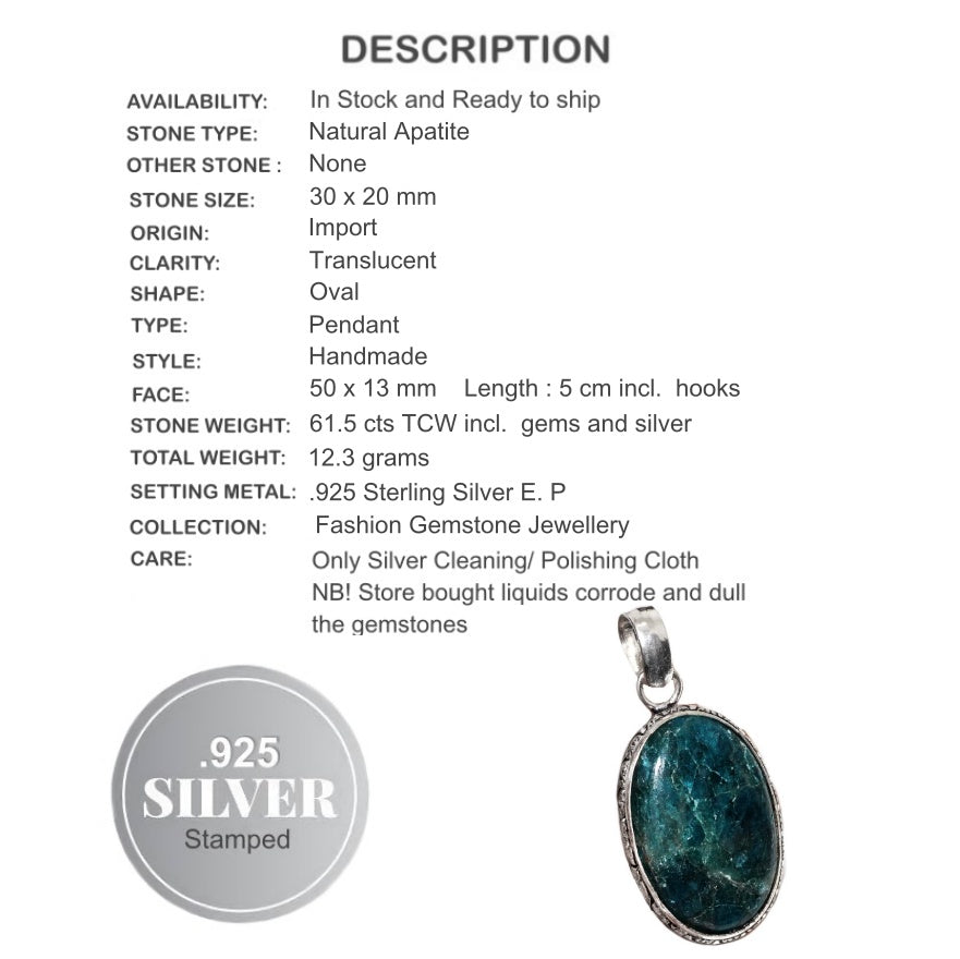 Natural Blue Apatite Oval Gemstone .925 Sterling Silver Pendant - BELLADONNA