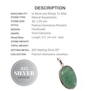 Handmade Natural Aquamarine Oval 925 Sterling Silver Pendant - BELLADONNA