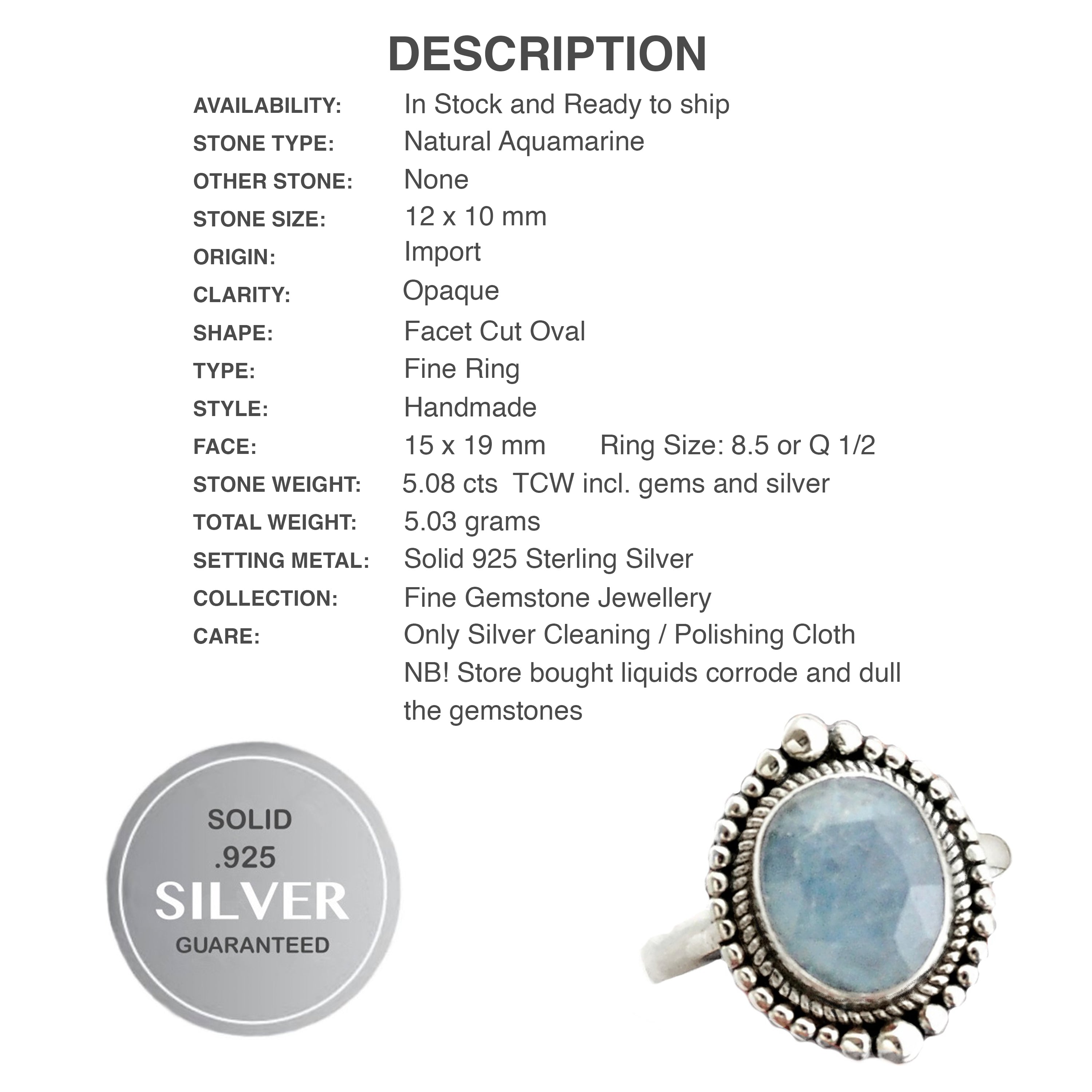 5.08 cts Natural Aquamarine Gemstone Set Solid .925 Sterling Silver Ring Size 8.5 or Q 1/2 - BELLADONNA