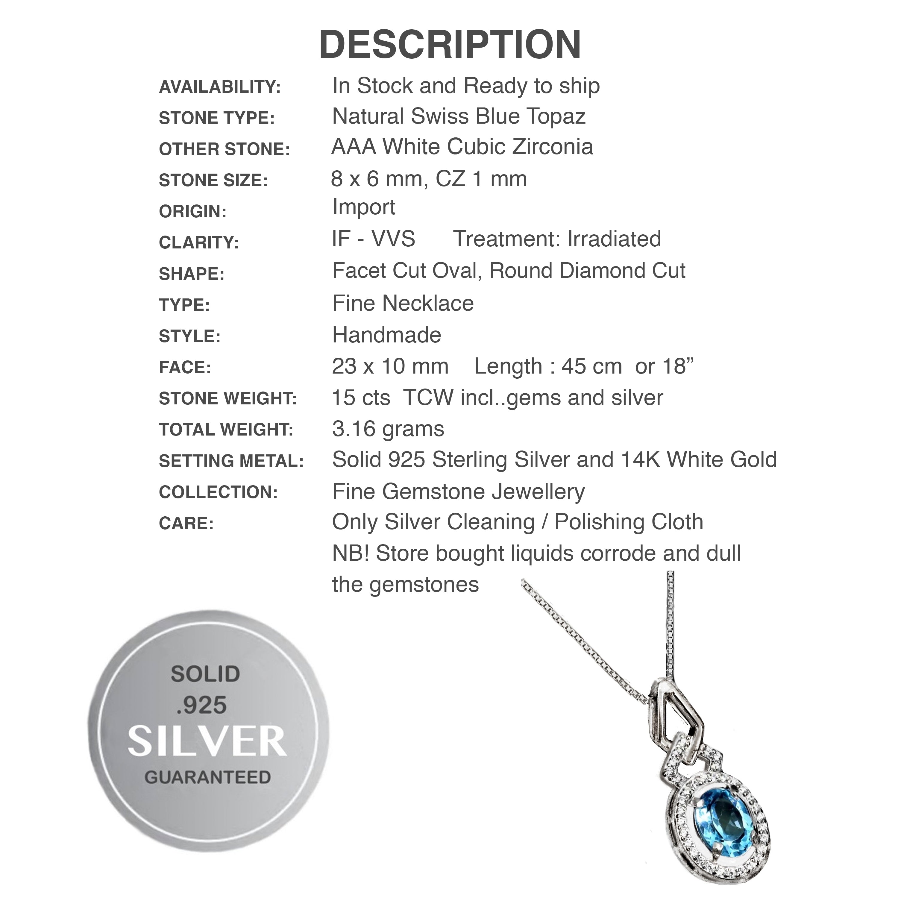 Natural Swiss Blue Topaz White Cubic Zirconia Gemstone Solid .925 Silver 14K White Gold Necklace - BELLADONNA