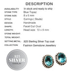 Blue Topaz Oval Gemstone .925 Sterling Silver Plated Studs Earrings - BELLADONNA