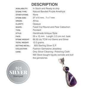 Natural Purple Banded Amethyst Gemstone .925 Sterling Silver Pendant - BELLADONNA