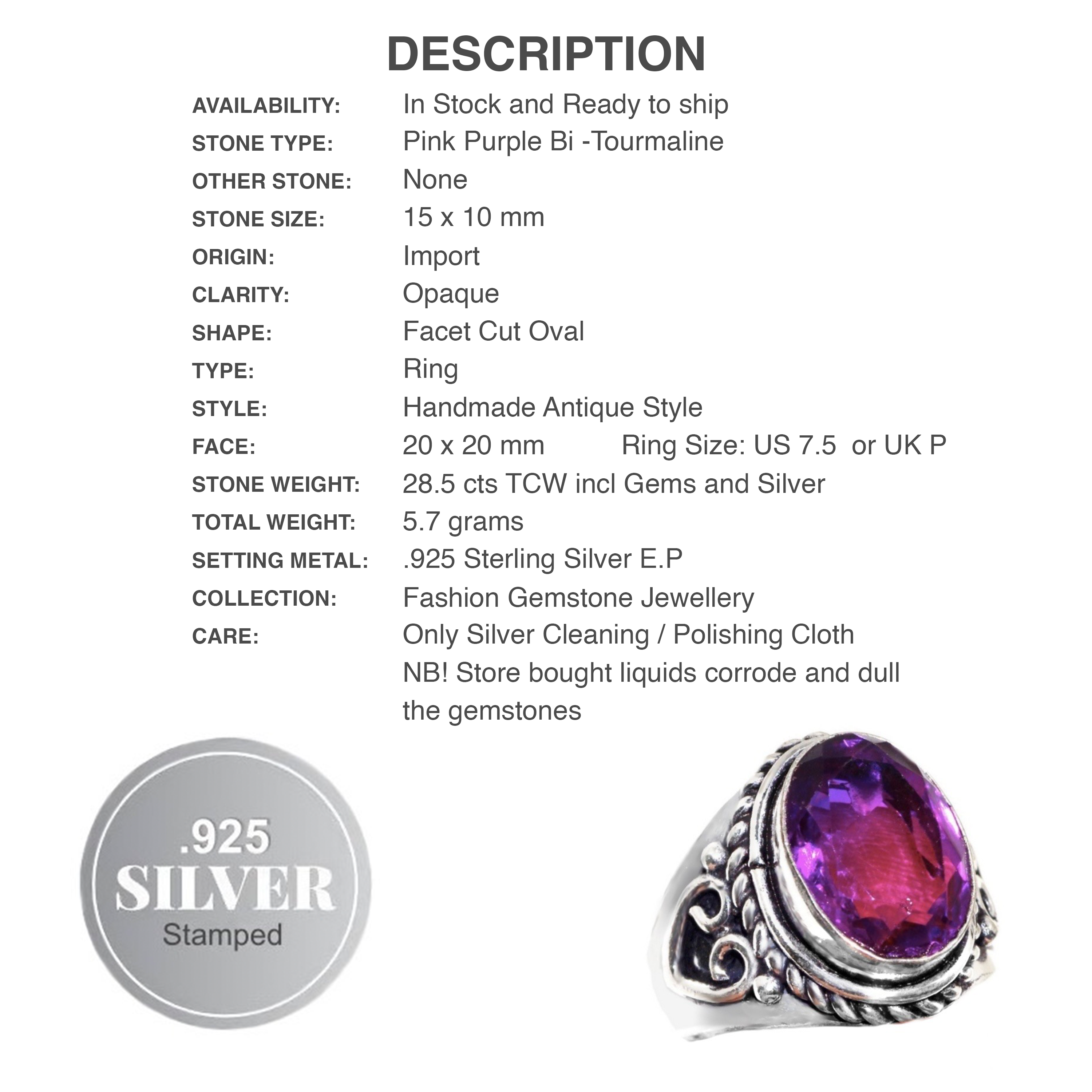 Pink Purple Bi-Colour Tourmaline Gemstone .925 Silver Ring Size US 7.5 / P - BELLADONNA