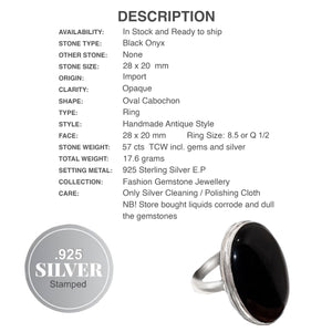 Handmade Black Onyx Oval Gemstone .925 Silver Ring Size US 8.5 or UK Q 1/2 - BELLADONNA