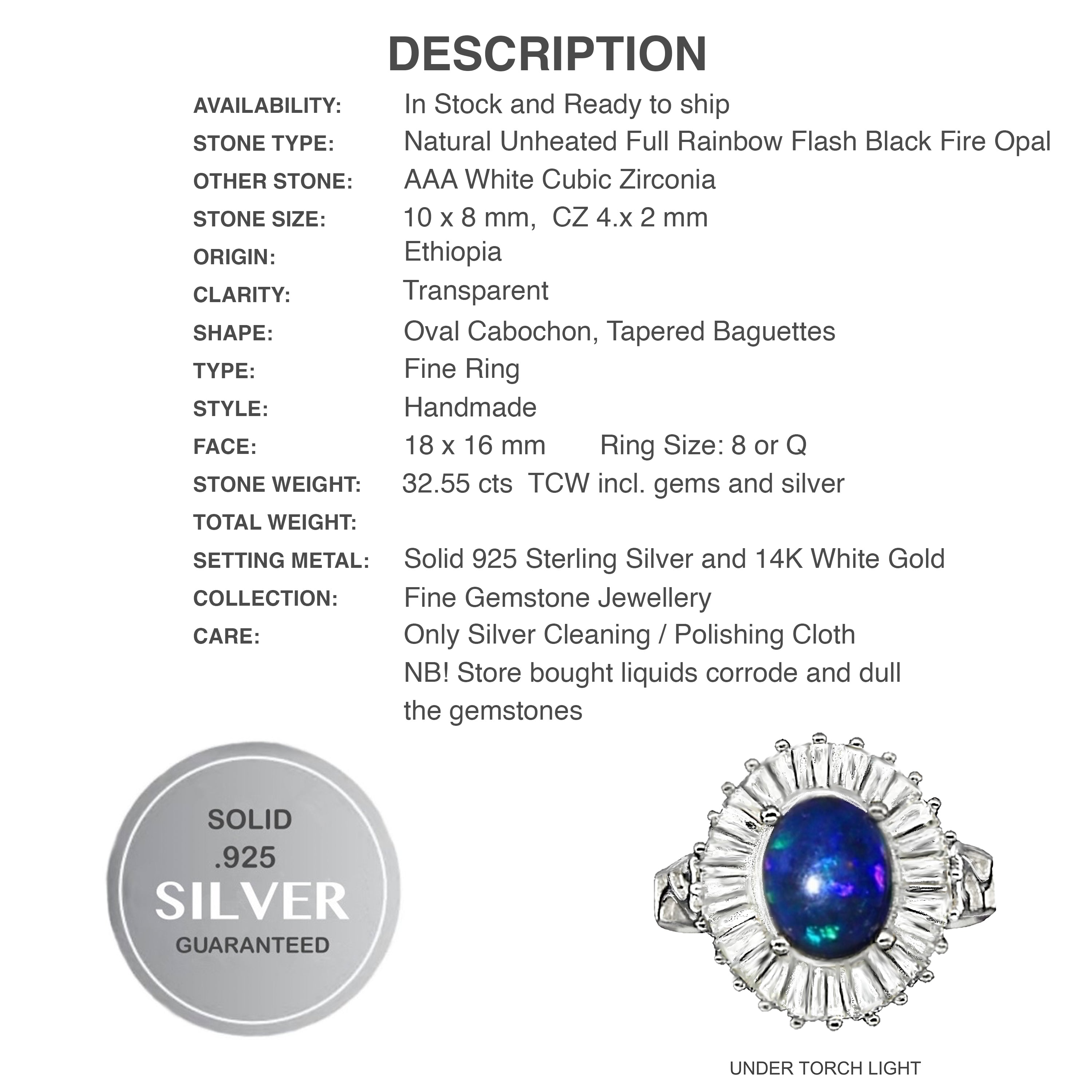 Genuine Rainbow Black Fire Opal,Cz Gemstone .925 Solid Sterling Silver Ring Sz 8 - BELLADONNA