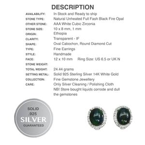 Natural Unheated Full Flash Black Fire Opal, White Cubic Zirconia Solid .925 Silver Earrings - BELLADONNA