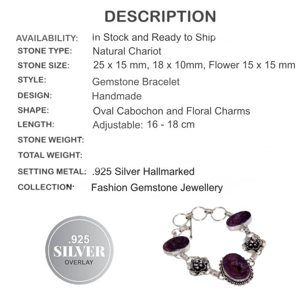 Natural Charoite Oval Gemstone with Floral Charm  925 Silver Handmade Bracelet - BELLADONNA