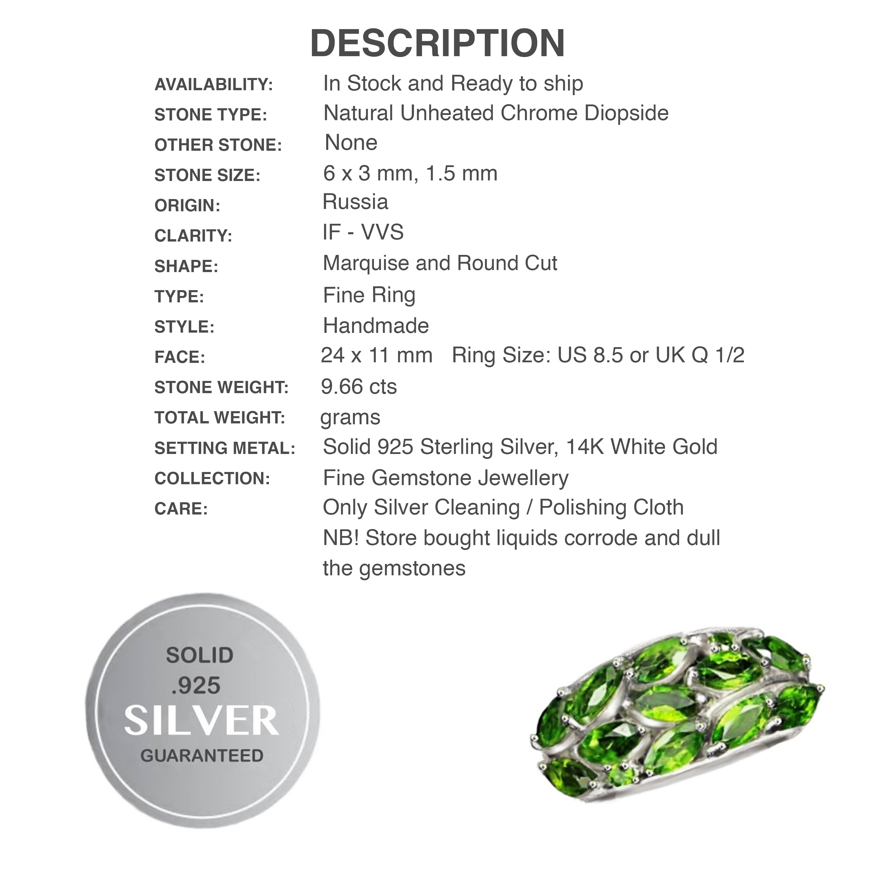 Natural Chrome Diopside Gemstone Solid .925 Sterling Silver Size 8.5 - BELLADONNA