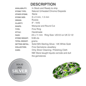 Natural Chrome Diopside Gemstone Solid .925 Sterling Silver Size 8.5 - BELLADONNA