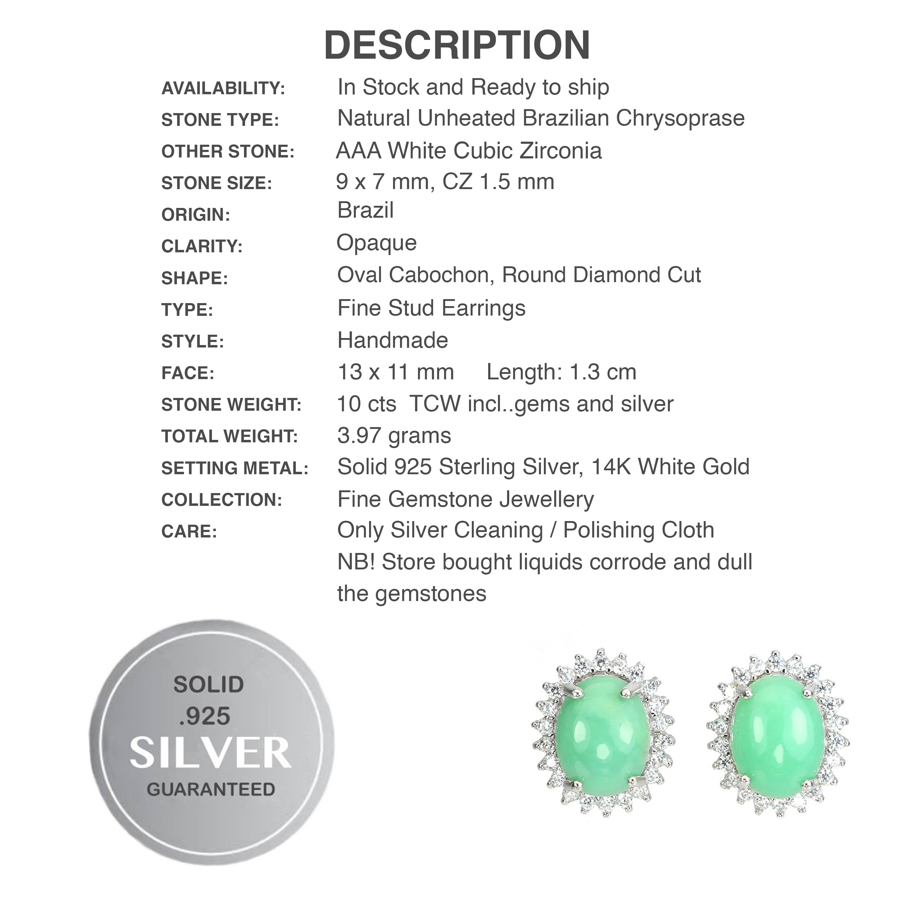 Natural Unheated Brazilian Chrysoprase & White CZ Gemstone Solid. 925 Silver Earrings - BELLADONNA