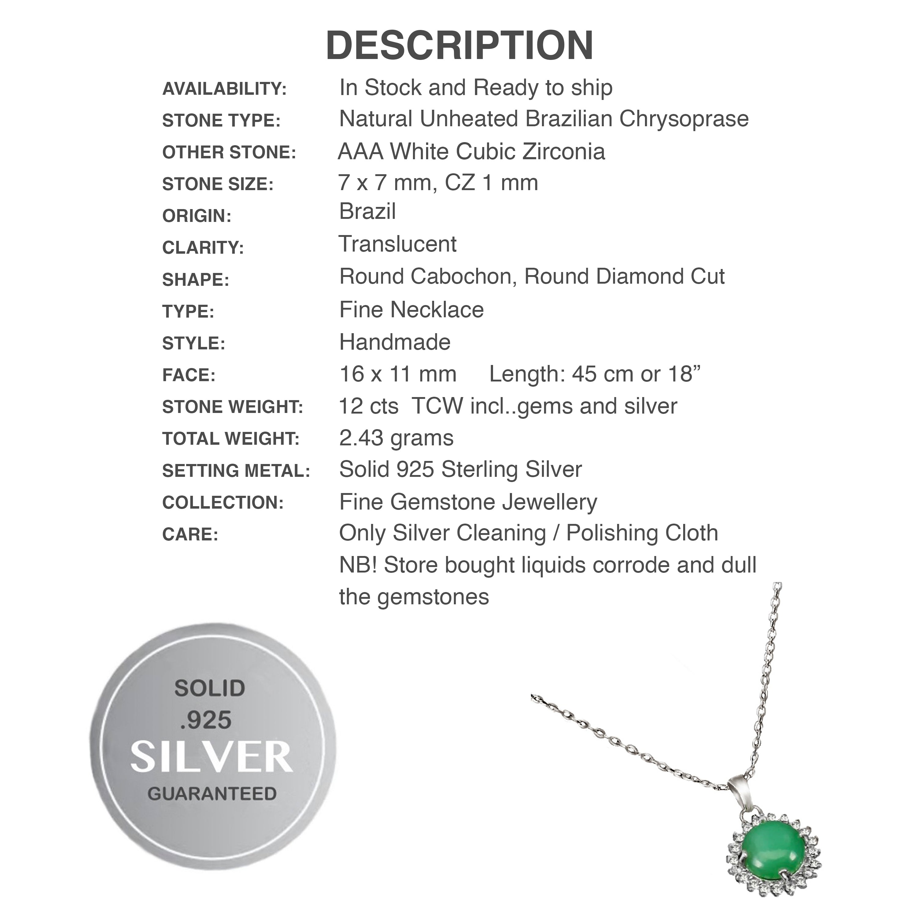 Natural Unheated Brazilian Chrysoprase & White CZ Gemstone Solid. 925 Silver Necklace - BELLADONNA