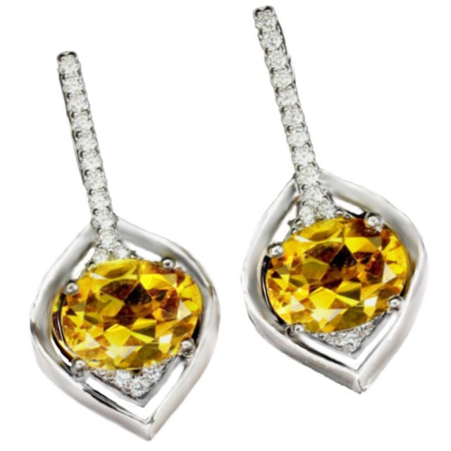 Natural Unheated Yellow Citrine 9 x 4mm AAA White Cz 925 Sterling Silver 14K White Gold Earrings - BELLADONNA