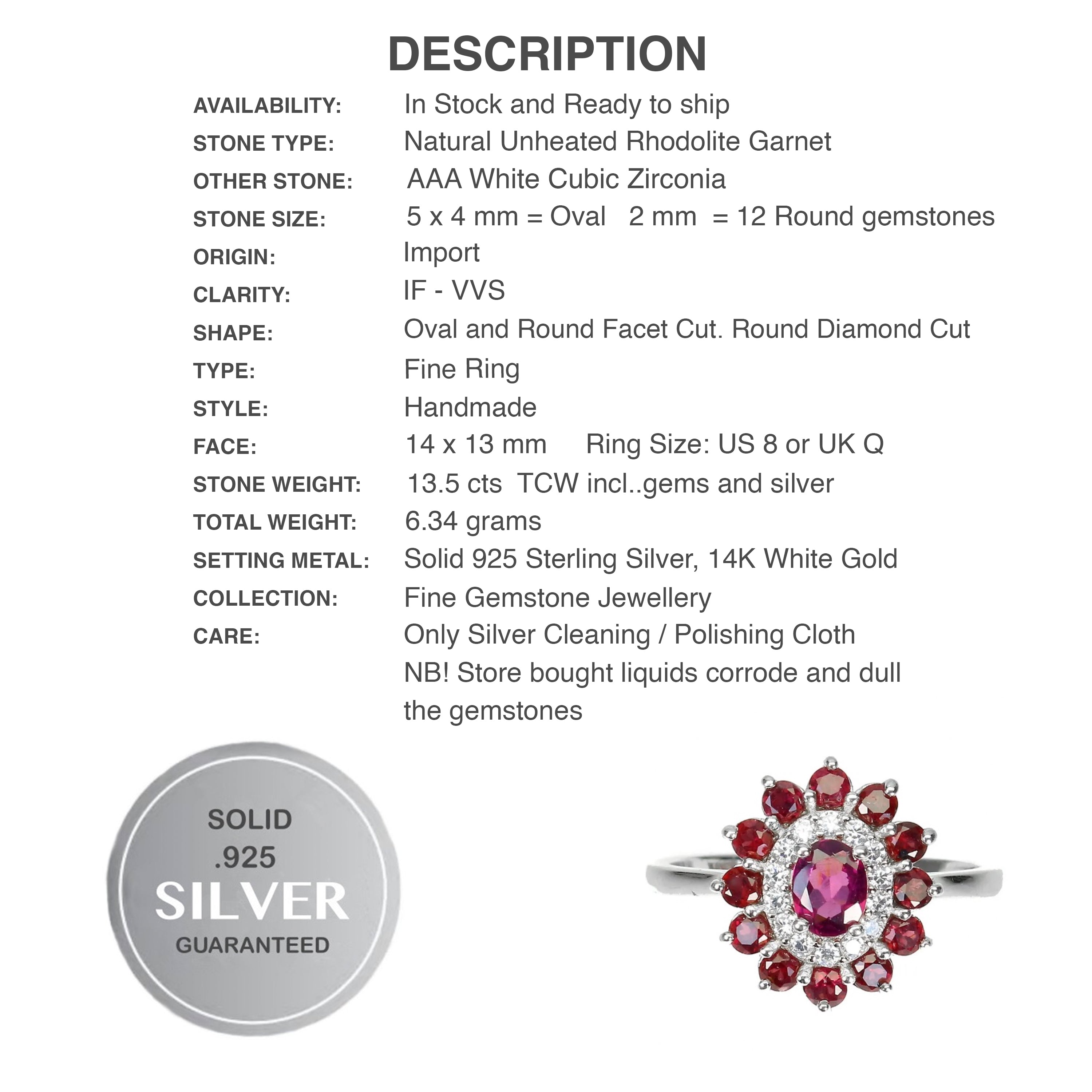 Dainty Natural Rhodolite Garnet Diamond Cut White Cubic Zirconia Solid .925 Silver Ring Size 8 or Q - BELLADONNA
