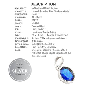 Natural Canadian Blue Fire Labradorite Solid .925 Silver Sterling Pendant - BELLADONNA