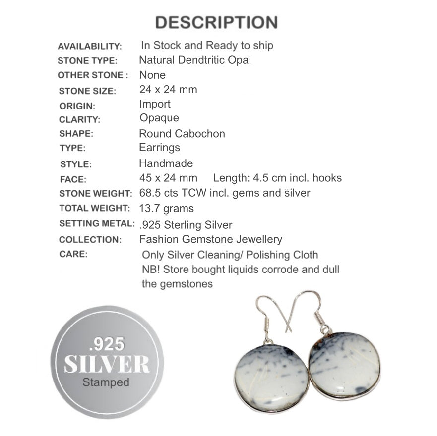 Natural Dendritic Opal Gemstone 925 Sterling Silver Earrings - BELLADONNA