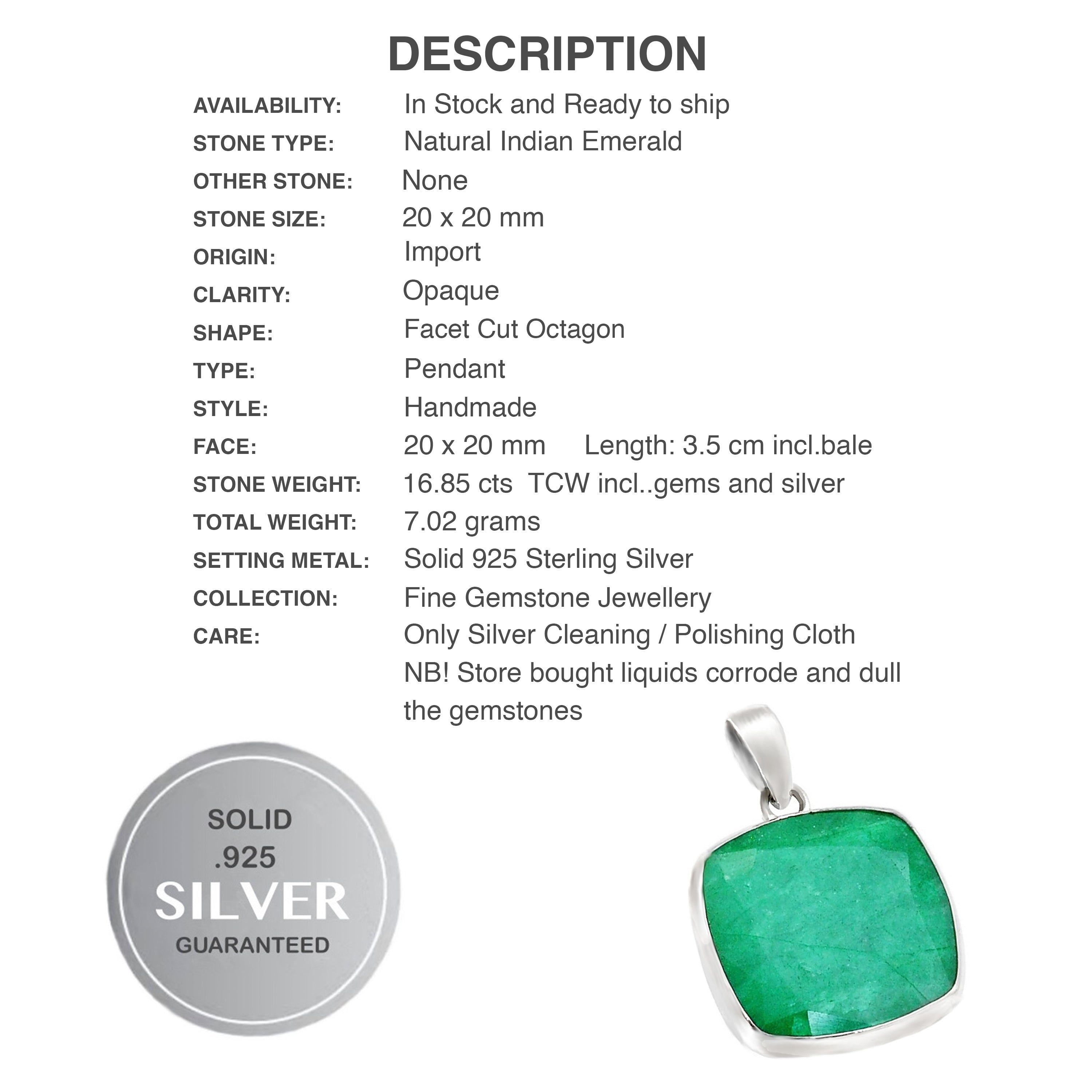 Natural Indian Emerald Octagon Shape Gemstone Solid 925 Sterling Silver Pendant - BELLADONNA