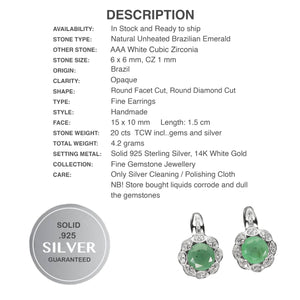 Natural Unheated Brazilian Emerald White CZ Solid .925 Sterling Silver 14k White Gold Earrings - BELLADONNA