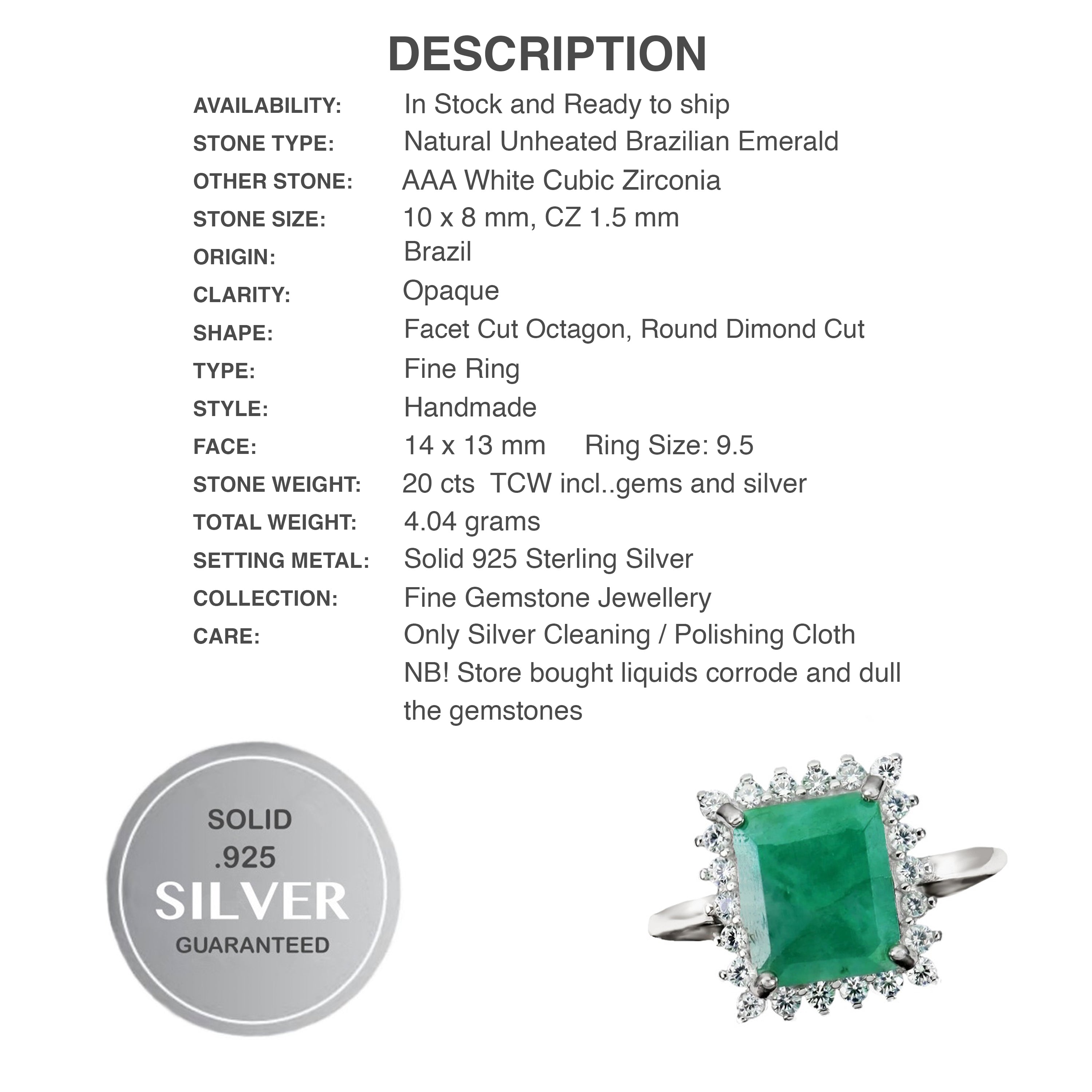 Natural Unheated Brazilian Emerald, White Cubic Zirconia Solid .925 Silver Size US 9.5 - BELLADONNA