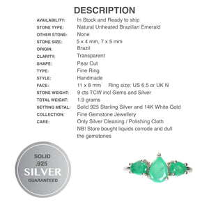 Natural Unheated Brazilian Emerald Pears Solid .925 Silver 14k White Gold Size 6.5 or N - BELLADONNA