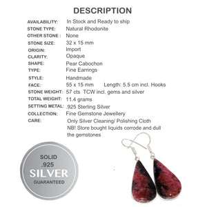 Natural Rhodonite Pear Shape Gemstone .925 Sterling Silver Earrings - BELLADONNA