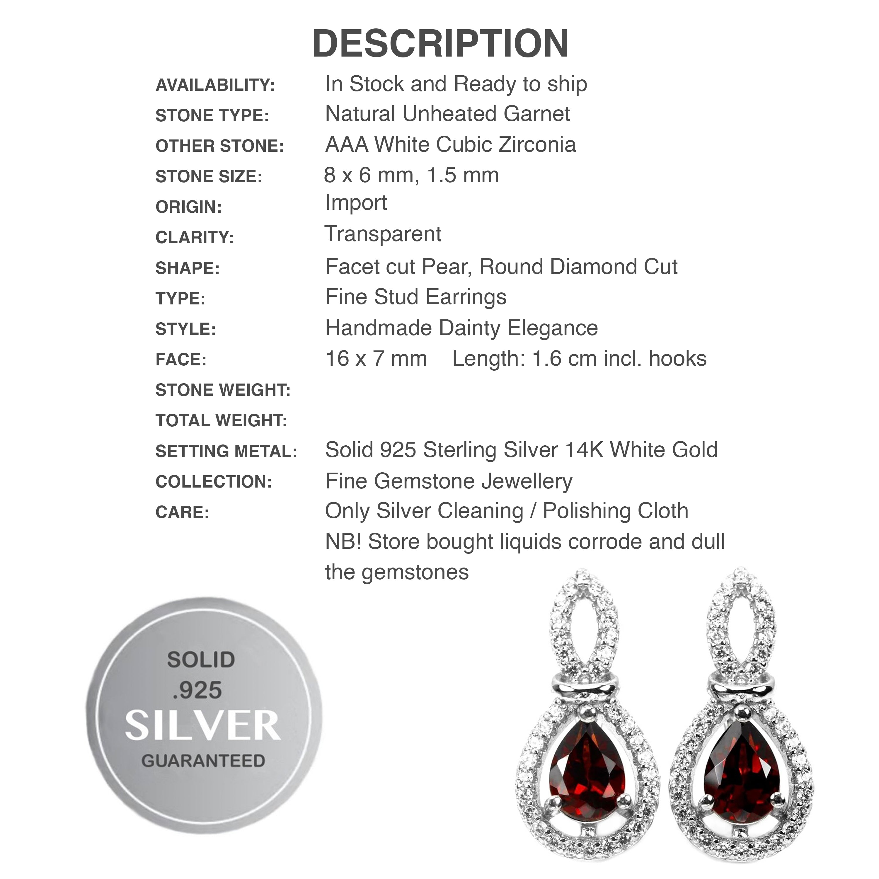 Natural Deep Red Garnet White Cubic Zirconia Gemstone Solid .925 Sterling Silver Earrings - BELLADONNA