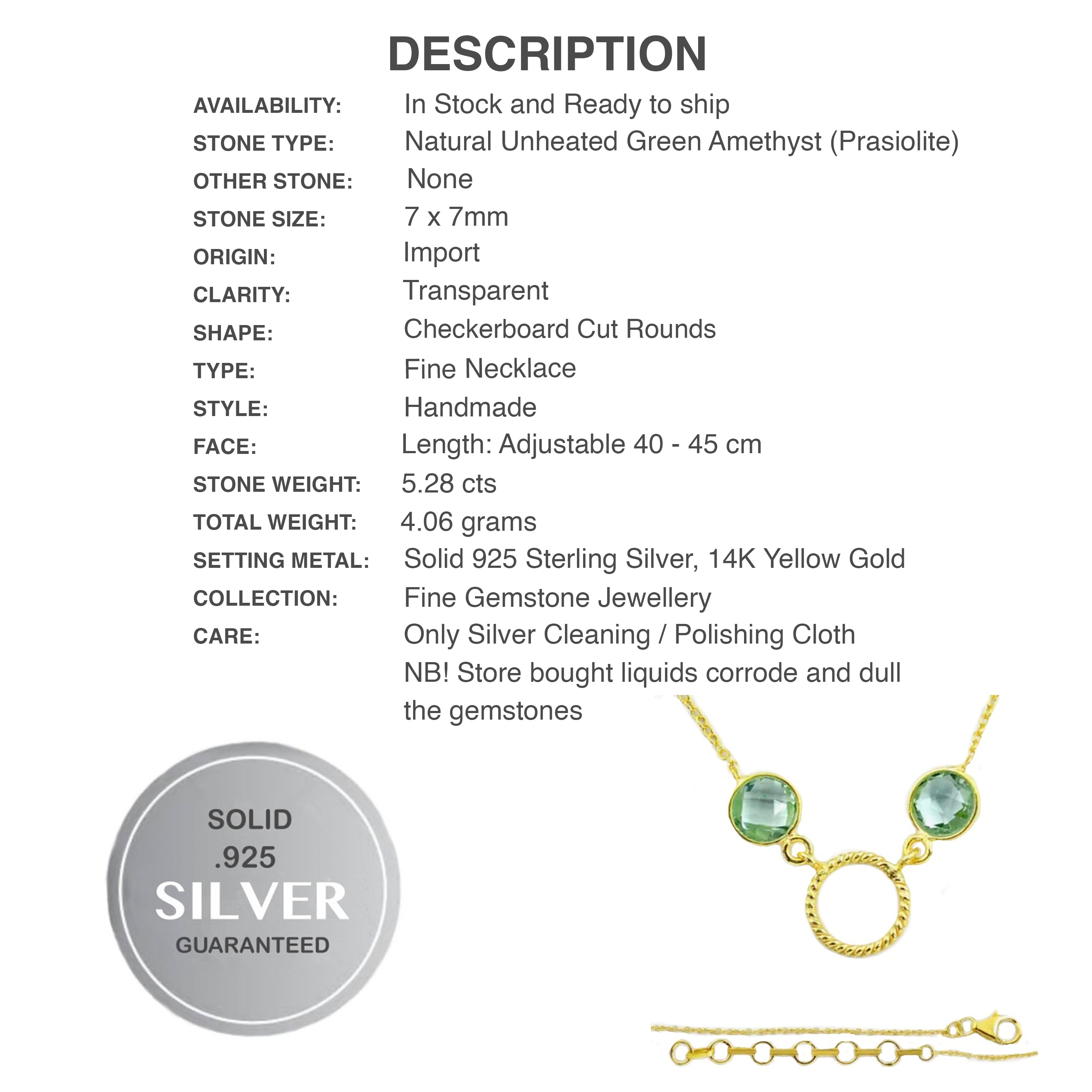 Dainty Natural Round Green Amethyst Gemstones Solid .925 Silver Pendant 14K Yellow Gold Necklace - BELLADONNA