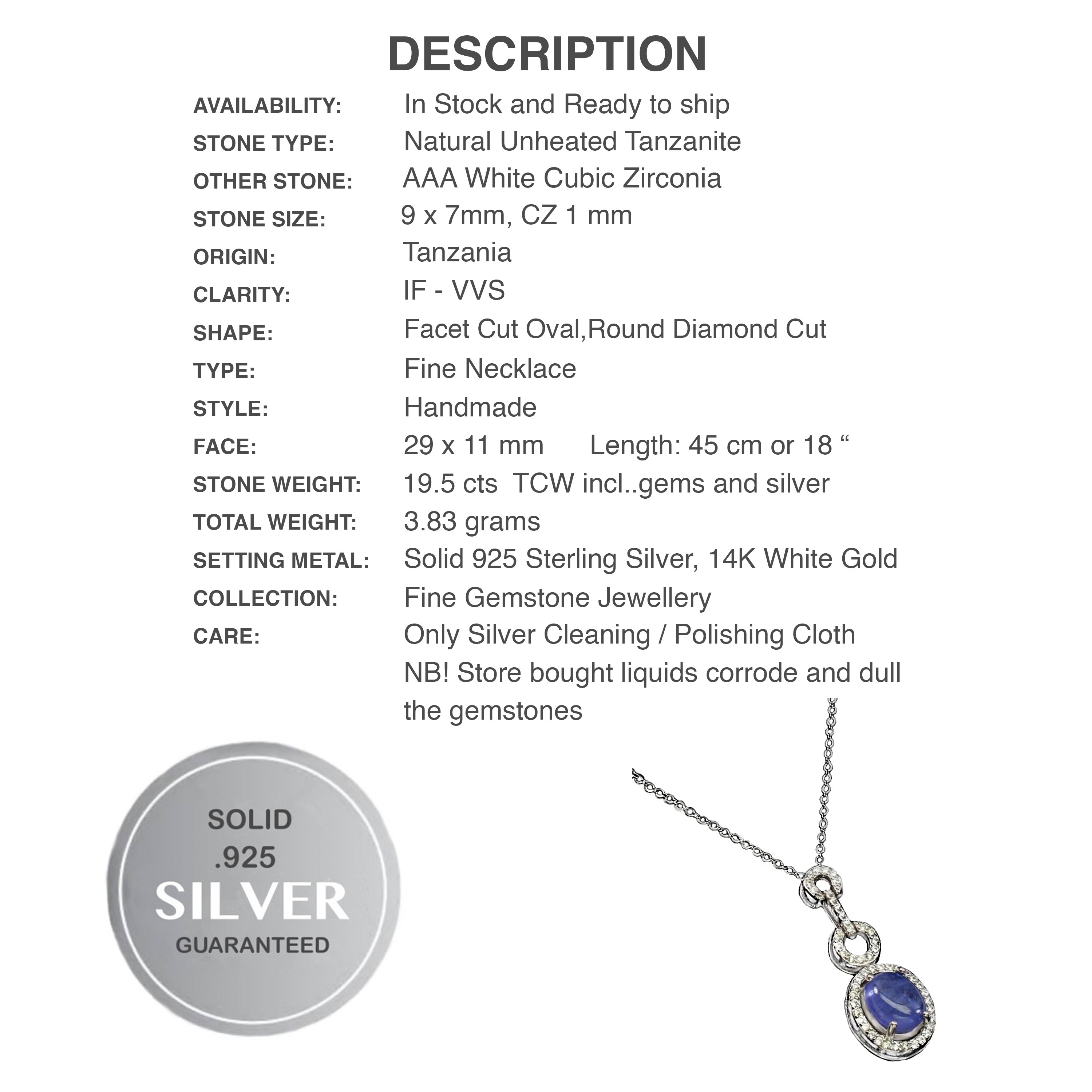 Rare Earth Mined Unheated Tanzanite AAA White Cubic Zirconia  Solid .925 Silver Necklace - BELLADONNA