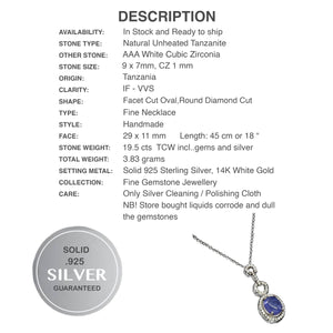 Rare Earth Mined Unheated Tanzanite AAA White Cubic Zirconia  Solid .925 Silver Necklace - BELLADONNA
