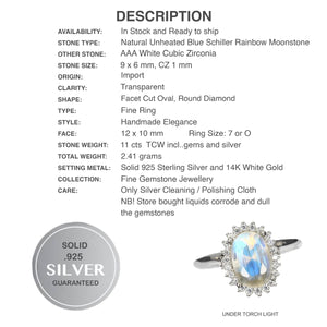 Natural Unheated Blue Schiller Moonstone, White Cubic Zirconia Solid .925 Silver Ring Size 7 or O - BELLADONNA