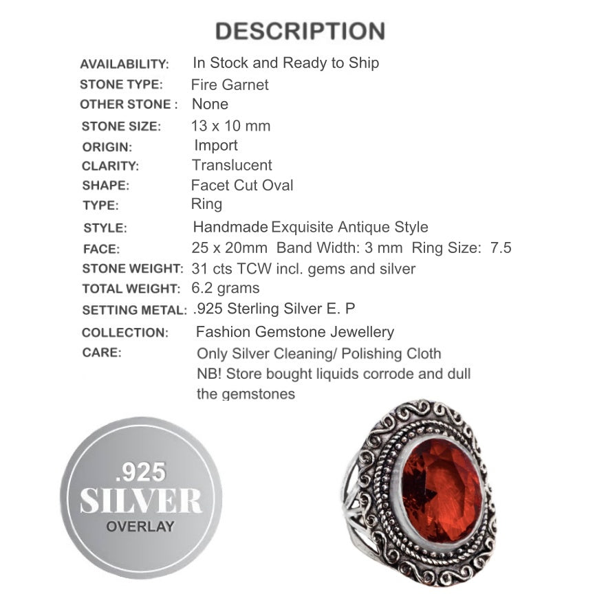 Fire Red Garnet Solid .925 Silver Ring Size US 7.5 - BELLADONNA
