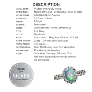 Outstanding Natural Full Flash Ethiopian Fire Opal White & White CZ Solid .925 Sterling Ring Size 9 - BELLADONNA