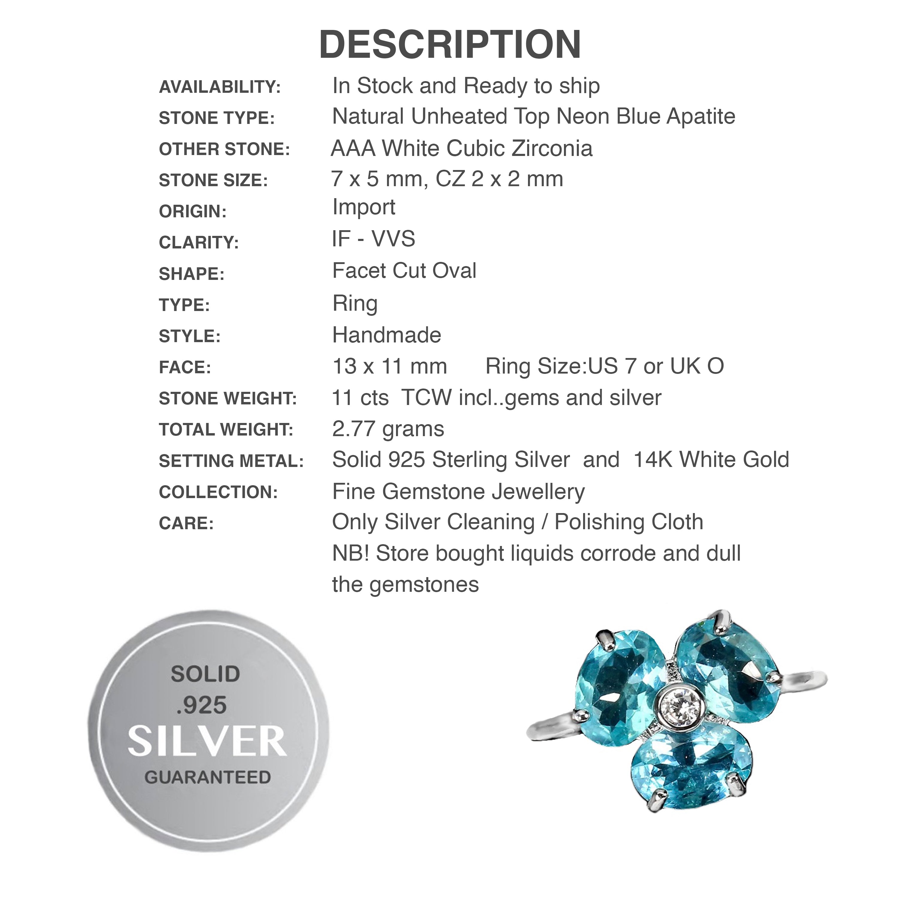 Natural Unheated Apatite, White Cubic Zirconia Gemstone Solid .925 Silver 14K White Gold Ring Sz 7 - BELLADONNA