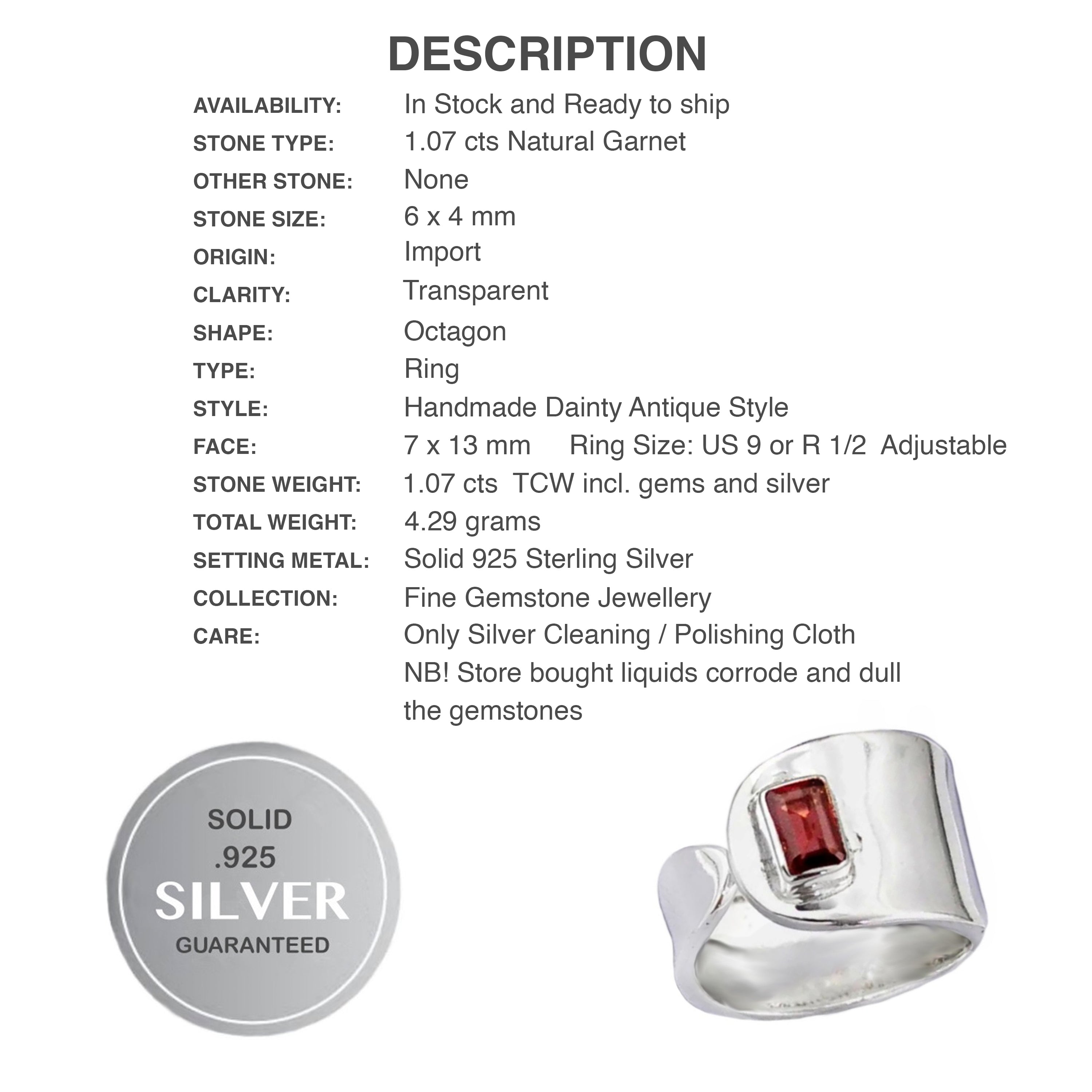Natural Garnet Gemstone Solid .925 Sterling Silver Ring Size 9 or R 1/2 Adjustable - BELLADONNA