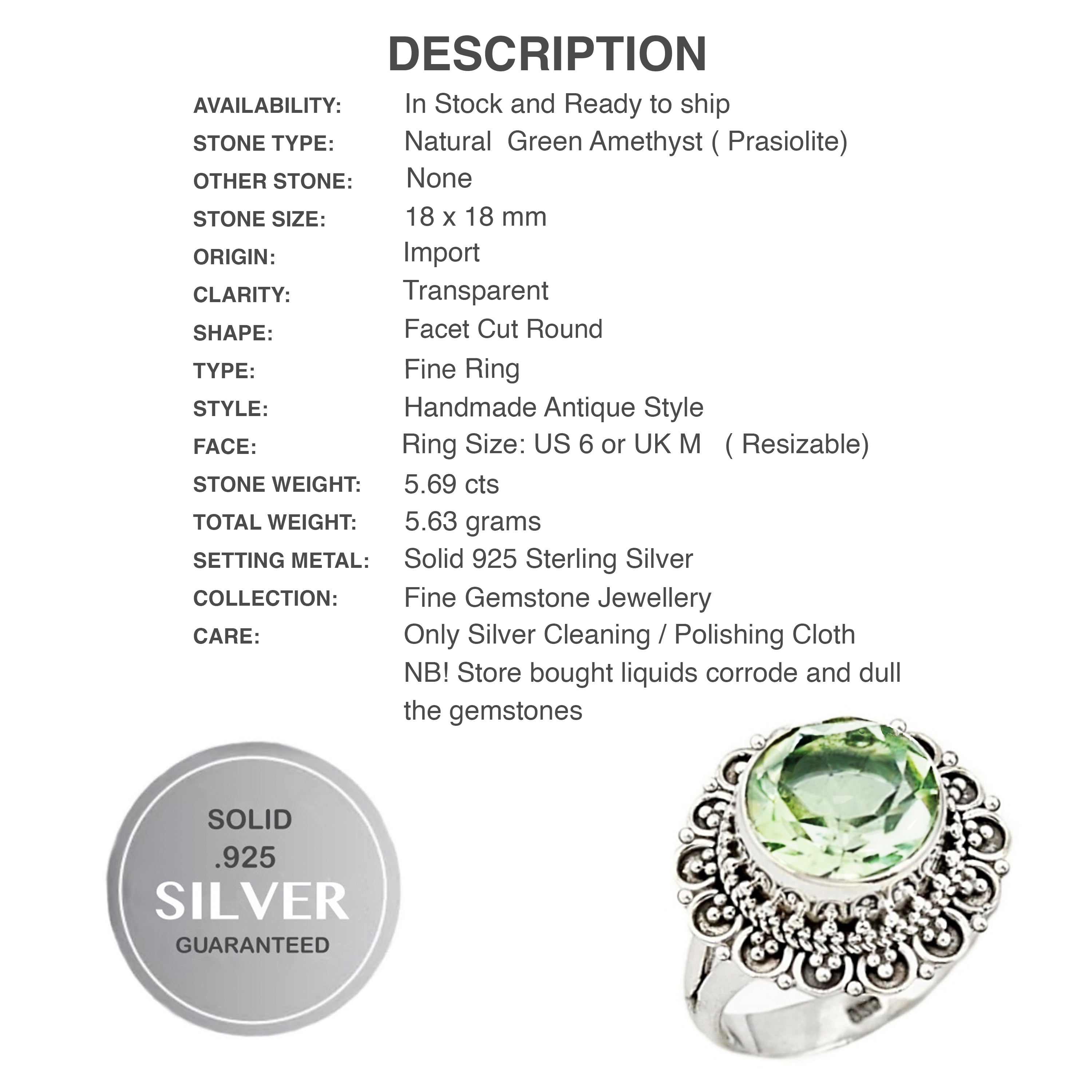 Natural Green Amethyst Gemstone Solid.925 SterlingSilver Ring Size 6 or M - BELLADONNA