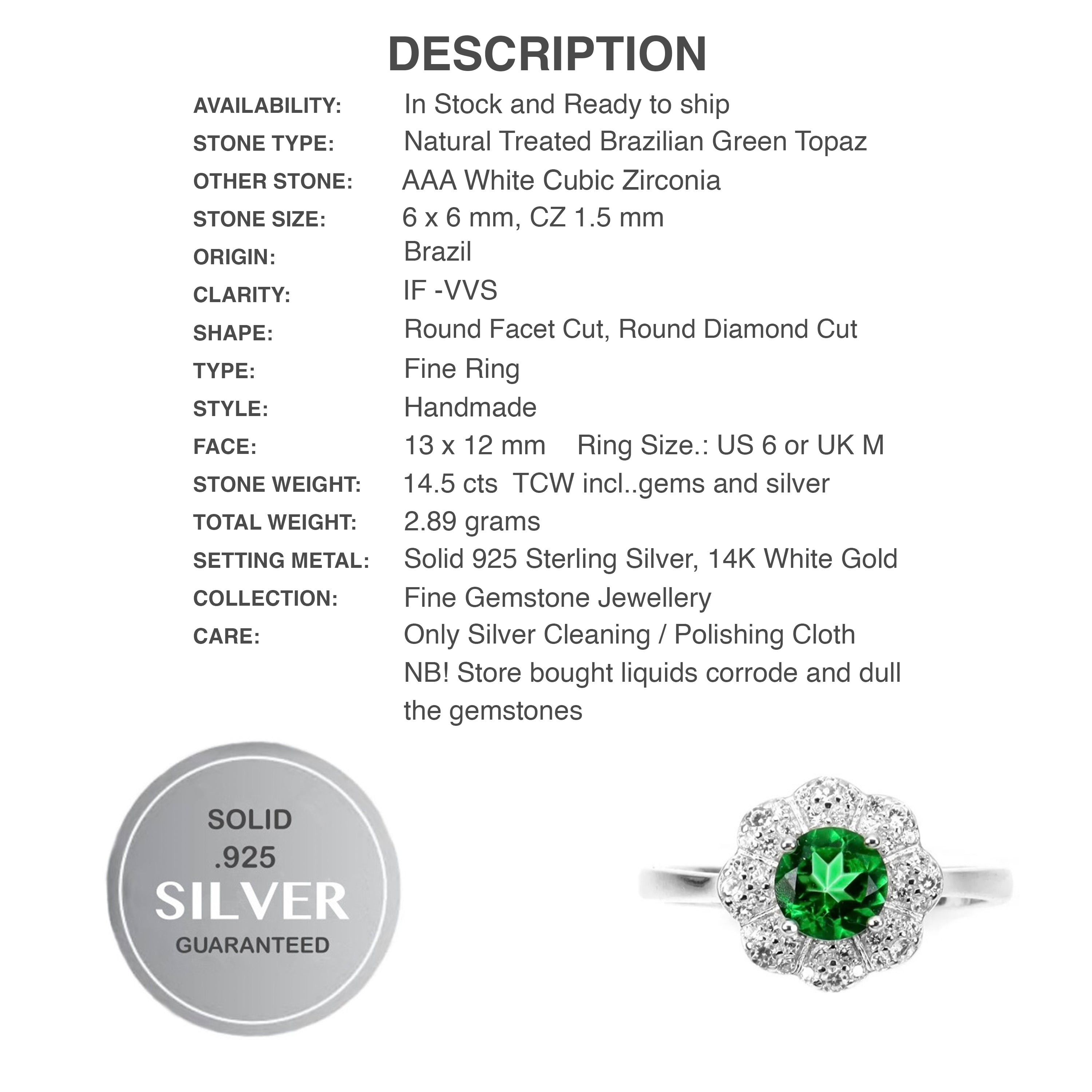 Natural Brazilian Green Topaz White CZ Solid .925 Sterling Silver 14k White Gold Ring Size 6 or M - BELLADONNA