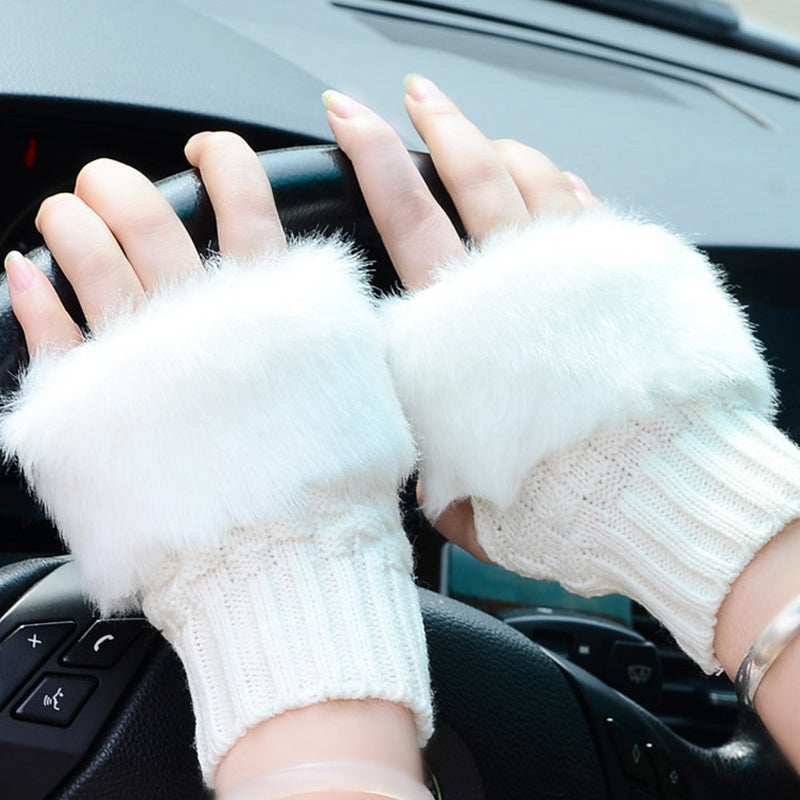 Glamorous & Practical Half Finger Knitted Gloves With Faux Fur Finish - BELLADONNA