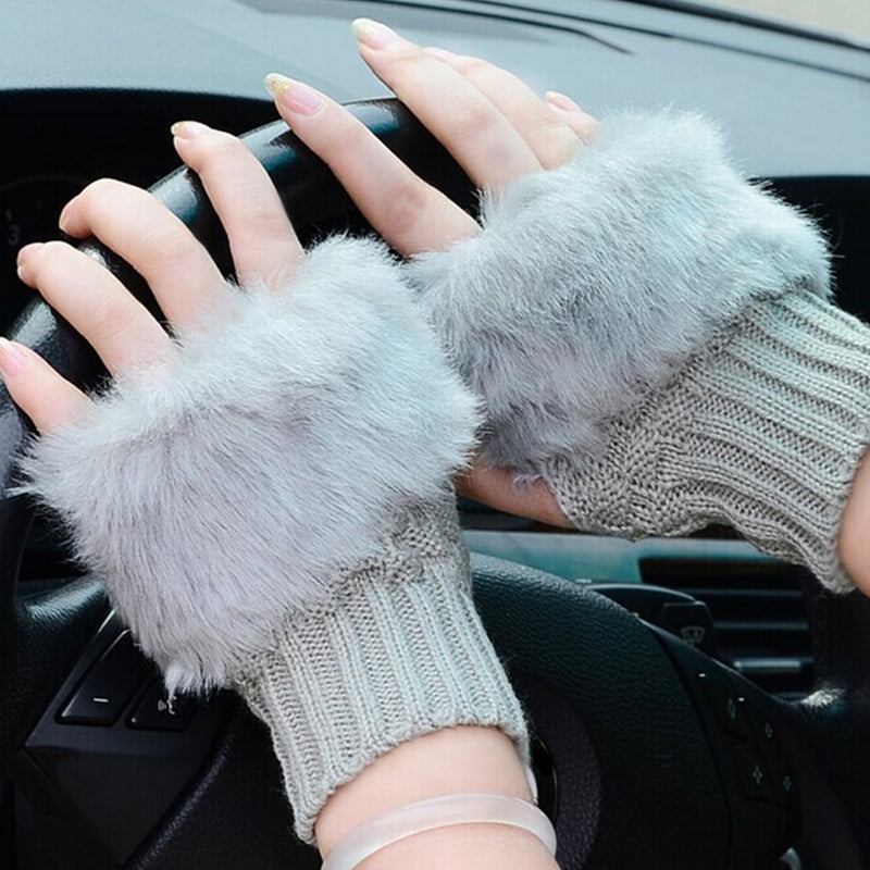 Fingerless Knitted Gloves With Faux Fur Finish - BELLADONNA