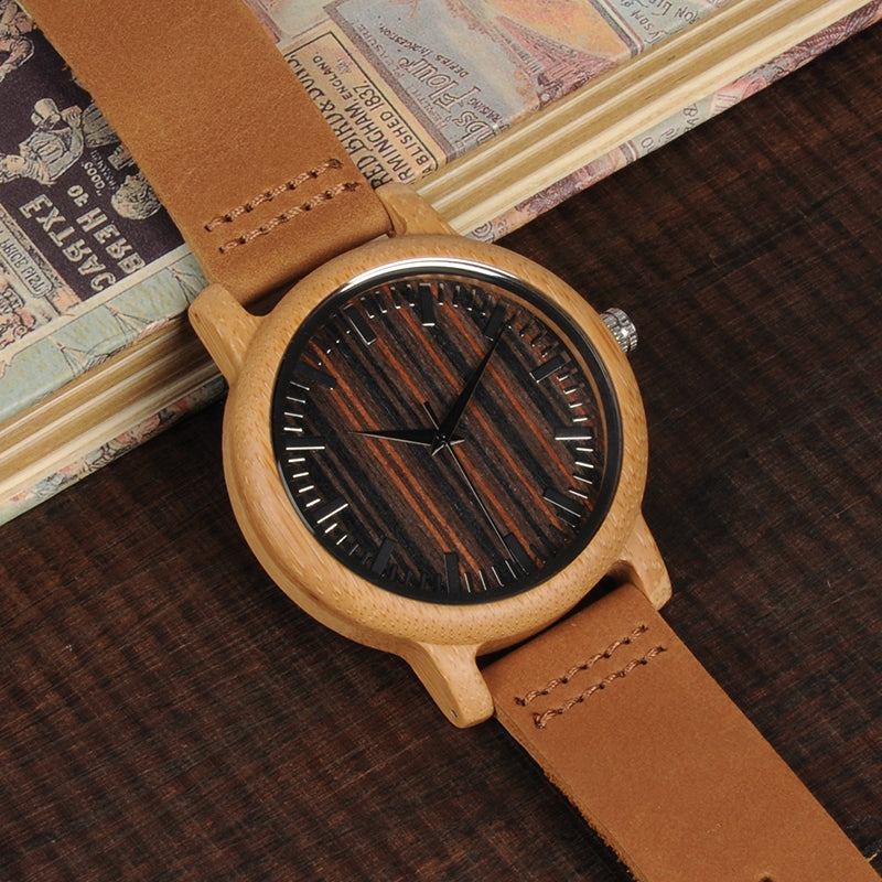 Luxury Quartz Bamboo Watch with Leather Strap - BELLADONNA
