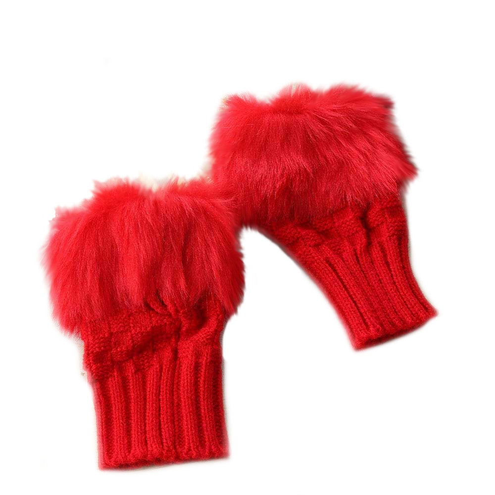 Glamorous & Practical Half Finger Knitted Gloves With Faux Fur Finish - BELLADONNA