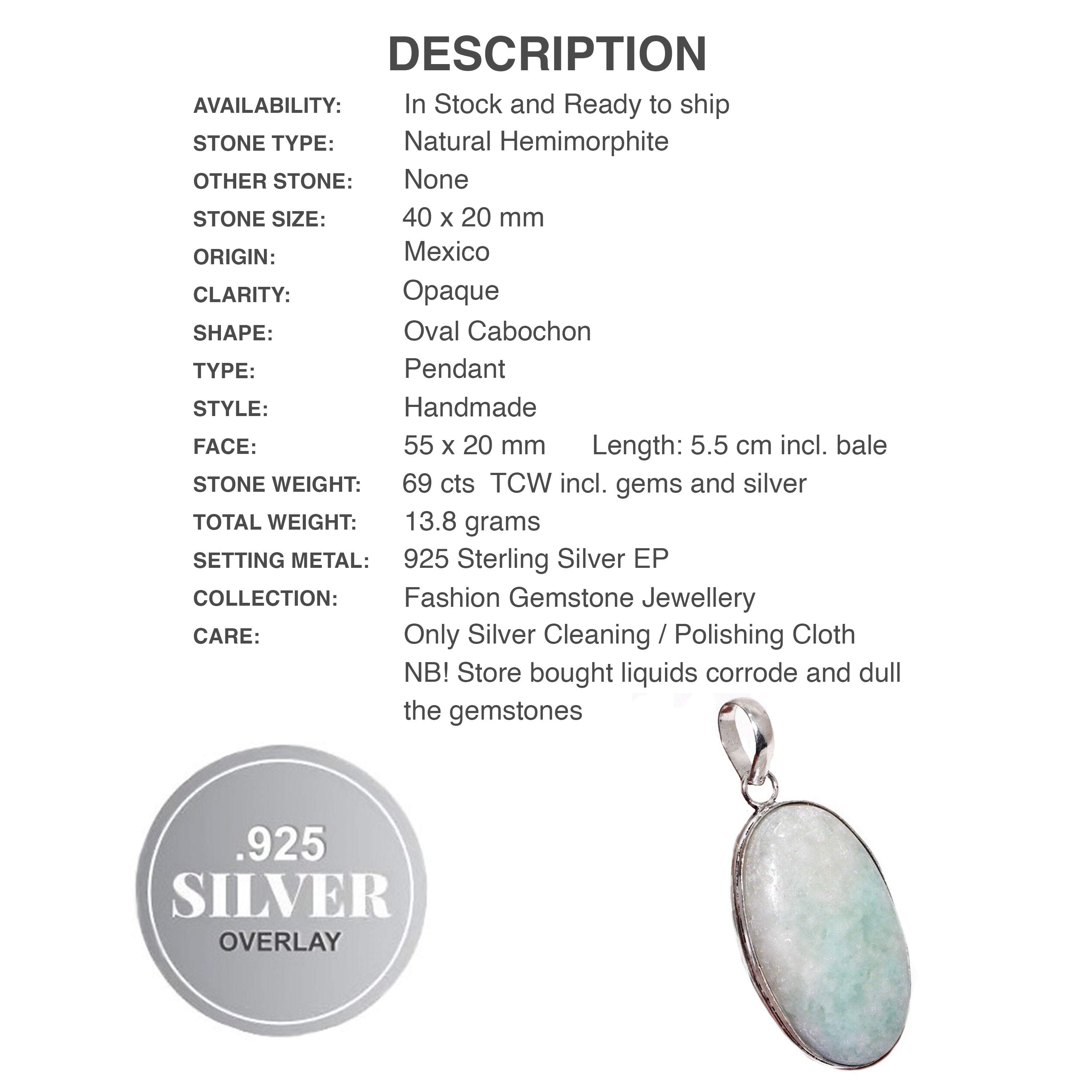 Rare Natural HemImorphite Crystal Oval Gemstone .925 Sterling Silver Pendant - BELLADONNA