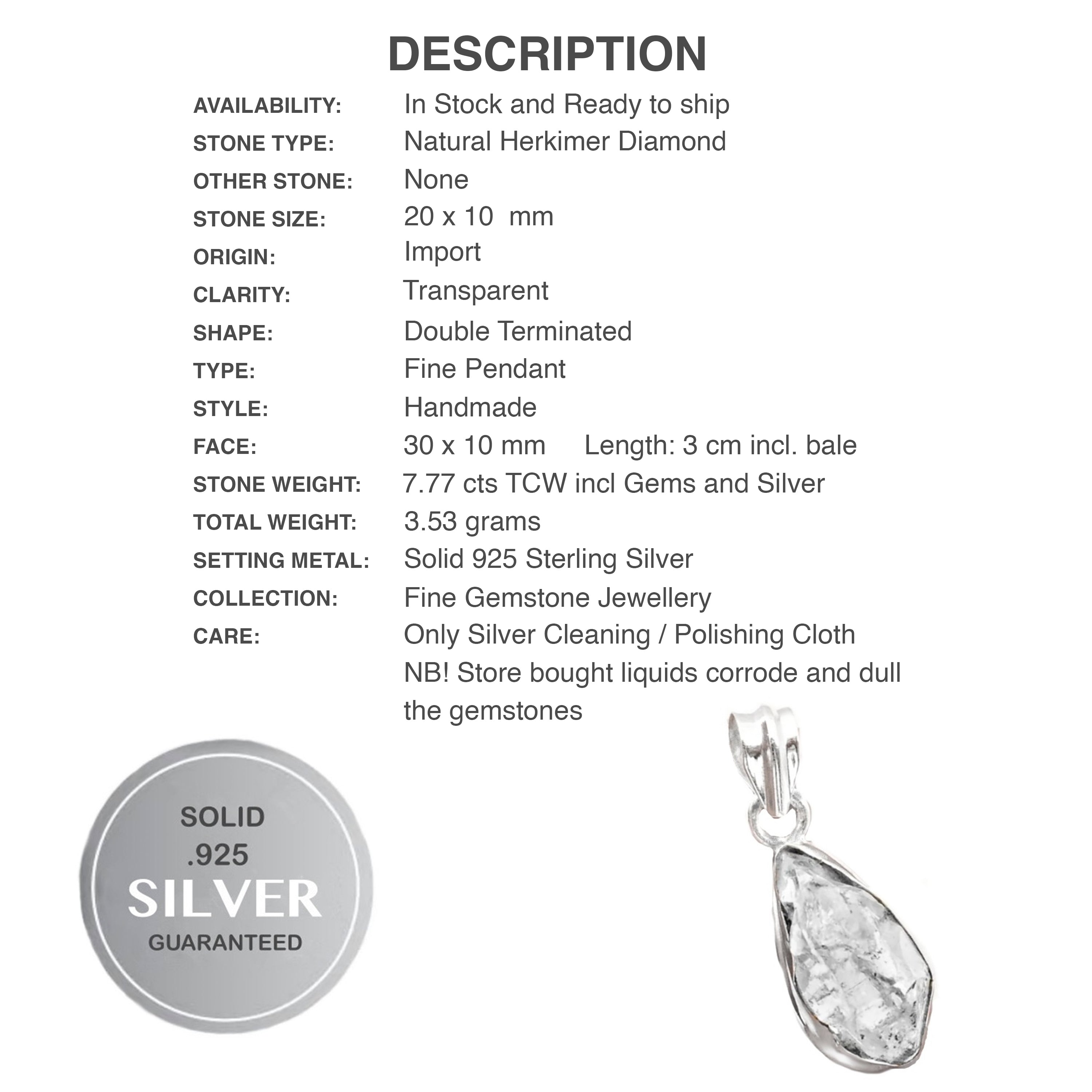 Natural Herkimer Diamond Solid .925 Sterling Silver Pendant - BELLADONNA